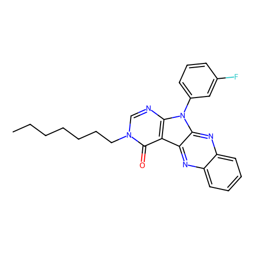 11-(3-fluorophenyl)-3-heptyl-3H-pyrimido[5',4':4,5]pyrrolo[2,3-b]quinoxalin-4(11H)-one structure