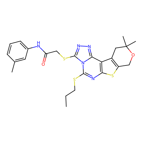 2-((10,10-dimethyl-5-(propylthio)-10,11-dihydro-8H-pyrano[4',3':4,5]thieno[3,2-e][1,2,4]triazolo[4,3-c]pyrimidin-3-yl)thio)-N-(m-tolyl)acetamide structure