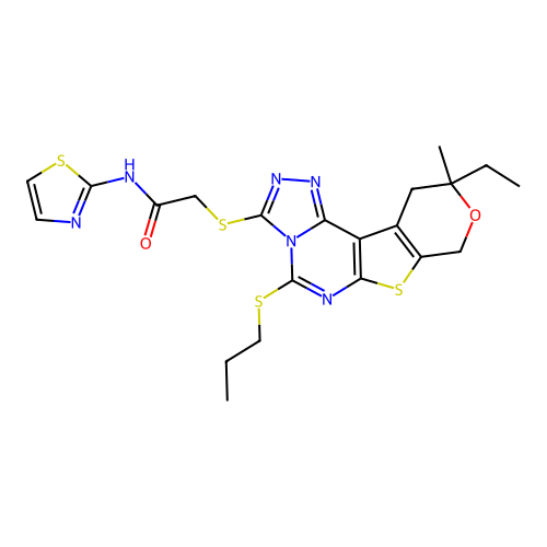 2-((10-ethyl-10-methyl-5-(propylthio)-10,11-dihydro-8H-pyrano[4',3':4,5]thieno[3,2-e][1,2,4]triazolo[4,3-c]pyrimidin-3-yl)thio)-N-(thiazol-2-yl)acetamide structure