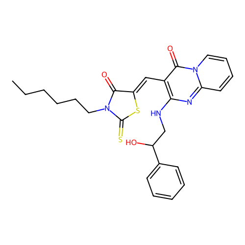 3-[(Z)-(3-hexyl-4-oxo-2-thioxo-1,3-thiazolidin-5-ylidene)methyl]-2-[(2-hydroxy-2-phenylethyl)amino]-4H-pyrido[1,2-a]pyrimidin-4-one structure