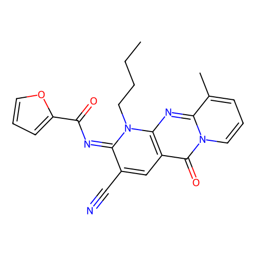 (E)-N-(1-butyl-3-cyano-10-methyl-5-oxo-1H-dipyrido[1,2-a:2',3'-d]pyrimidin-2(5H)-ylidene)furan-2-carboxamide structure