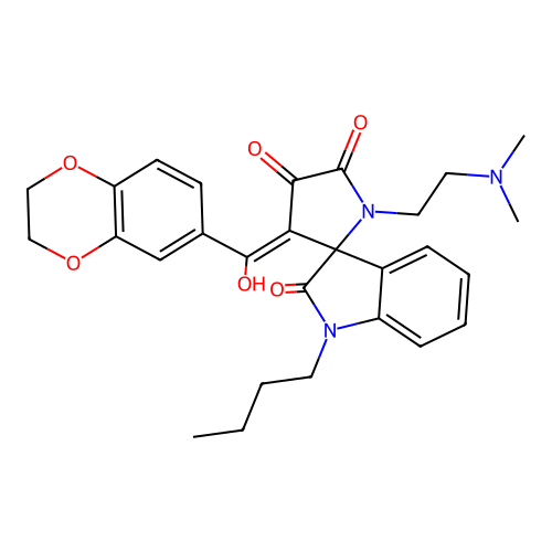 (4'E)-1-butyl-4'-[2,3-dihydro-1,4-benzodioxin-6-yl(hydroxy)methylidene]-1'-(2-dimethylaminoethyl)spiro[indole-3,5'-pyrrolidine]-2,2',3'-trione structure