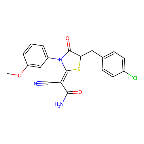 (2Z)-2-[5-(4-chlorobenzyl)-3-(3-methoxyphenyl)-4-oxo-1,3-thiazolidin-2-ylidene]-2-cyanoethanamide structure