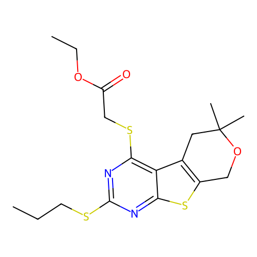 ethyl {[6,6-dimethyl-2-(propylsulfanyl)-5,8-dihydro-6H-pyrano[4',3':4,5]thieno[2,3-d]pyrimidin-4-yl]sulfanyl}acetate structure
