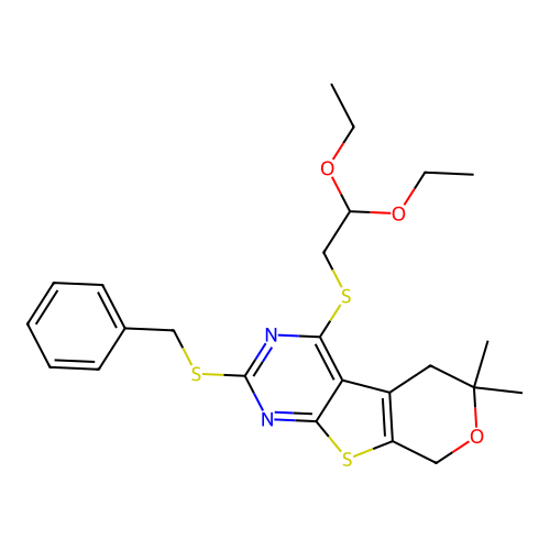 2-(benzylsulfanyl)-4-[(2,2-diethoxyethyl)sulfanyl]-6,6-dimethyl-5,8-dihydro-6H-pyrano[4',3':4,5]thieno[2,3-d]pyrimidine structure