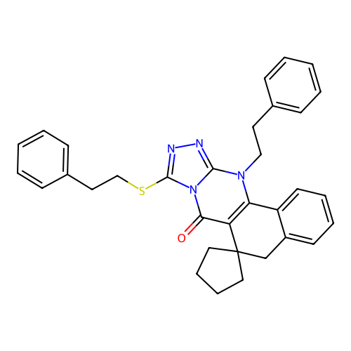 12-(2-phenylethyl)-9-[(2-phenylethyl)sulfanyl]-5H-spiro[benzo[h][1,2,4]triazolo[3,4-b]quinazoline-6,1'-cyclopentan]-7(12H)-one structure
