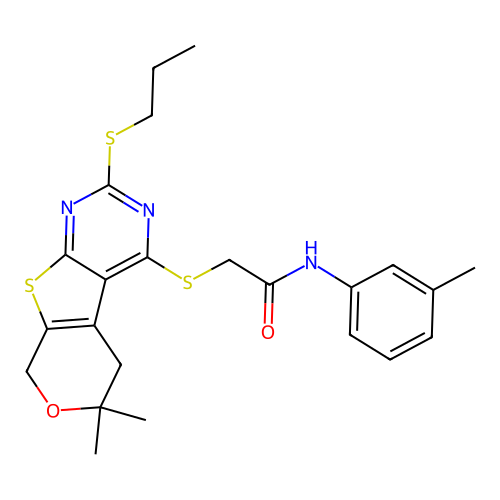 2-((6,6-dimethyl-2-(propylthio)-6,8-dihydro-5H-pyrano[4',3':4,5]thieno[2,3-d]pyrimidin-4-yl)thio)-N-(m-tolyl)acetamide structure