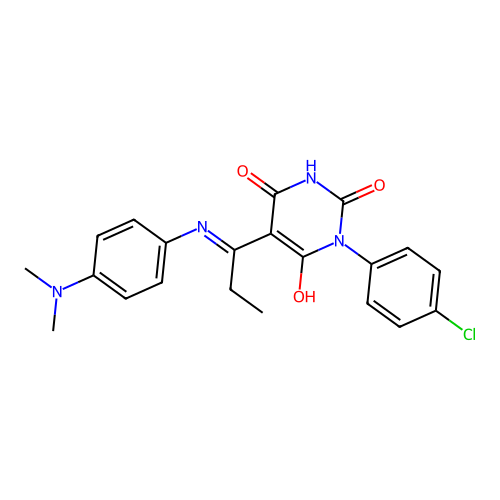 1-(4-chlorophenyl)-5-[1-[4-(dimethylamino)anilino]propylidene]-1,3-diazinane-2,4,6-trione structure