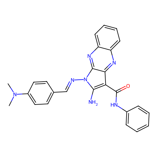 (E)-2-amino-1-((4-(dimethylamino)benzylidene)amino)-N-phenyl-1H-pyrrolo[2,3-b]quinoxaline-3-carboxamide structure