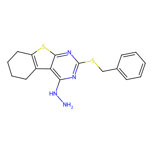 (2-benzylsulfanyl-5,6,7,8-tetrahydro-[1]benzothiolo[2,3-d]pyrimidin-4-yl)hydrazine structure