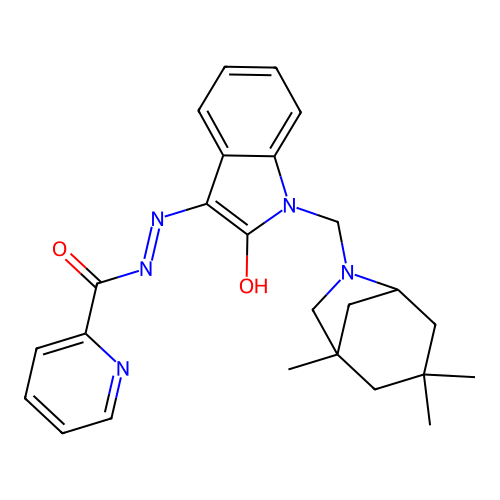 (Z)-N'-(2-oxo-1-((1,3,3-trimethyl-6-azabicyclo[3.2.1]octan-6-yl)methyl)indolin-3-ylidene)picolinohydrazide structure