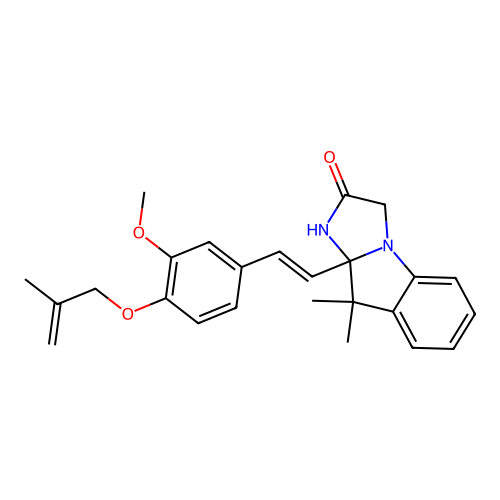 (E)-9a-(3-methoxy-4-((2-methylallyl)oxy)styryl)-9,9-dimethyl-9,9a-dihydro-1H-imidazo[1,2-a]indol-2(3H)-one structure