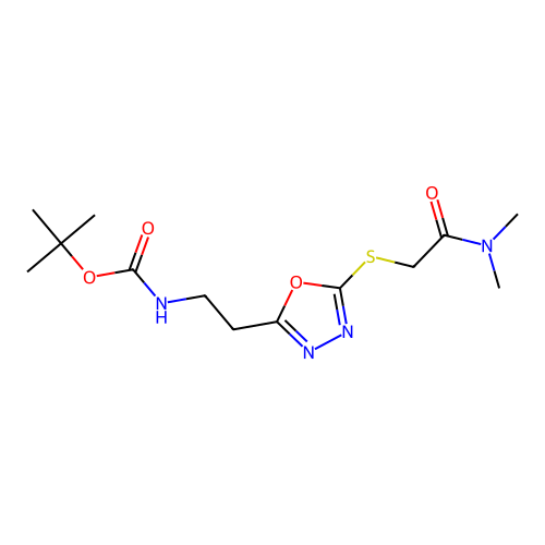 tert-butyl (2-(5-((2-(dimethylamino)-2-oxoethyl)thio)-1,3,4-oxadiazol-2-yl)ethyl)carbamate structure