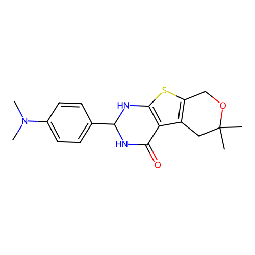 2-[4-(dimethylamino)phenyl]-6,6-dimethyl-1,2,3,5,6,8-hexahydro-4H-pyrano[4',3':4,5]thieno[2,3-d]pyrimidin-4-one structure