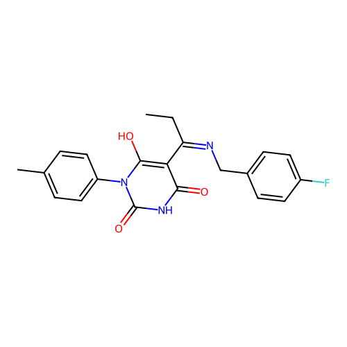 5-[1-[(4-fluorophenyl)methylamino]propylidene]-1-(4-methylphenyl)-1,3-diazinane-2,4,6-trione structure