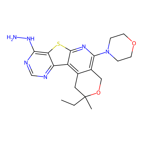2-ethyl-8-hydrazinyl-2-methyl-5-(morpholin-4-yl)-1,4-dihydro-2H-pyrano[4'',3'':4',5']pyrido[3',2':4,5]thieno[3,2-d]pyrimidine structure
