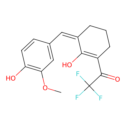 (2Z,6Z)-2-(4-hydroxy-3-methoxybenzylidene)-6-(2,2,2-trifluoro-1-hydroxyethylidene)cyclohexanone structure