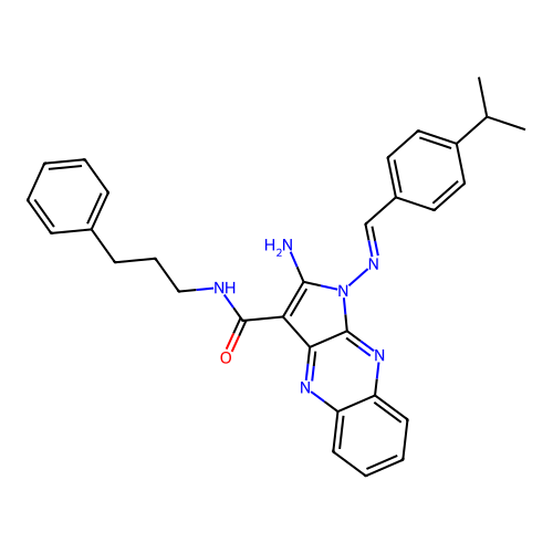 2-amino-N-(3-phenylpropyl)-1-({(E)-[4-(propan-2-yl)phenyl]methylidene}amino)-1H-pyrrolo[2,3-b]quinoxaline-3-carboxamide structure