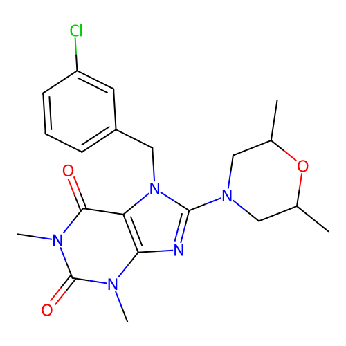 7-(3-chlorobenzyl)-8-(2,6-dimethylmorpholino)-1,3-dimethyl-1H-purine-2,6(3H,7H)-dione structure