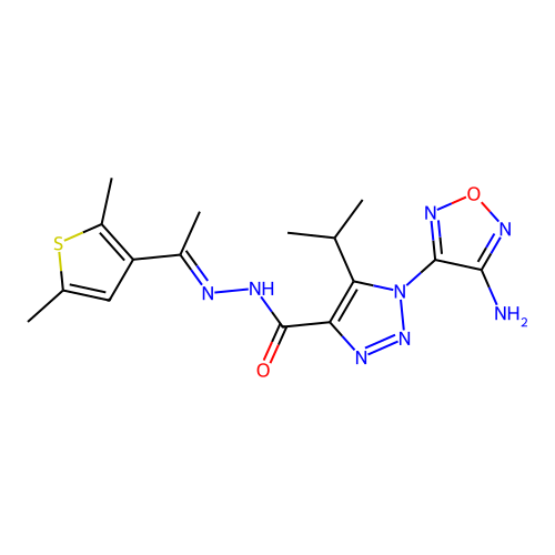 (E)-1-(4-amino-1,2,5-oxadiazol-3-yl)-N'-(1-(2,5-dimethylthiophen-3-yl)ethylidene)-5-isopropyl-1H-1,2,3-triazole-4-carbohydrazide structure