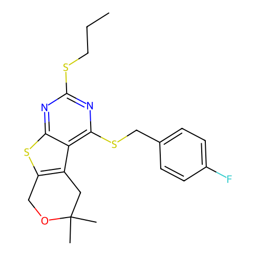 4-((4-fluorobenzyl)thio)-6,6-dimethyl-2-(propylthio)-6,8-dihydro-5H-pyrano[4',3':4,5]thieno[2,3-d]pyrimidine structure