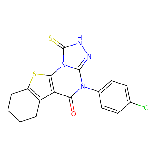 4-(4-chlorophenyl)-1-mercapto-6,7,8,9-tetrahydrobenzo[4,5]thieno[3,2-e][1,2,4]triazolo[4,3-a]pyrimidin-5(4H)-one structure