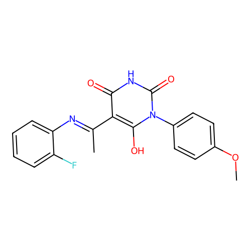 (5E)-5-[1-(2-fluoroanilino)ethylidene]-1-(4-methoxyphenyl)-1,3-diazinane-2,4,6-trione structure