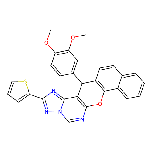 14-(3,4-dimethoxyphenyl)-2-(thiophen-2-yl)-14H-benzo[7,8]chromeno[3,2-e][1,2,4]triazolo[1,5-c]pyrimidine structure