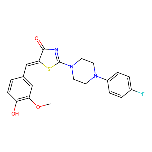 (Z)-2-(4-(4-fluorophenyl)piperazin-1-yl)-5-(4-hydroxy-3-methoxybenzylidene)thiazol-4(5H)-one structure