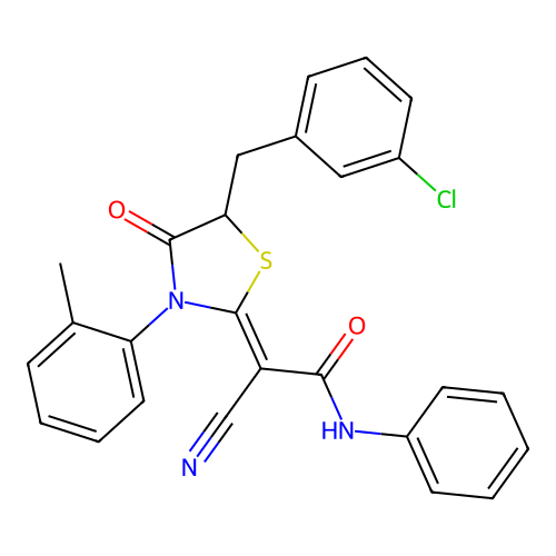 (2Z)-2-[5-(3-chlorobenzyl)-3-(2-methylphenyl)-4-oxo-1,3-thiazolidin-2-ylidene]-2-cyano-N-phenylethanamide structure