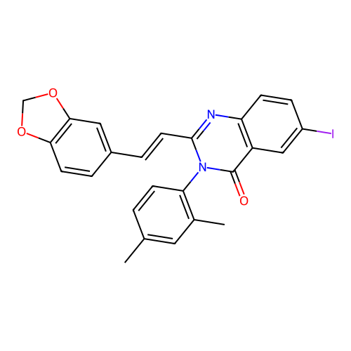 2-(2-benzo[1,3]dioxol-5-ylethenyl)-3-(2,4-dimethylphenyl)-6-iodo-quinazolin-4-one structure