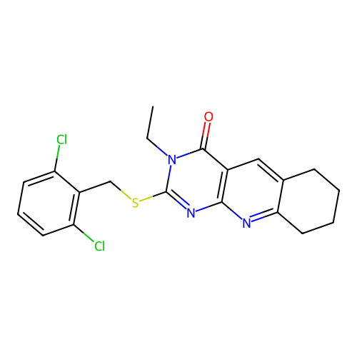 2-((2,6-dichlorobenzyl)thio)-3-ethyl-6,7,8,9-tetrahydropyrimido[4,5-b]quinolin-4(3H)-one structure