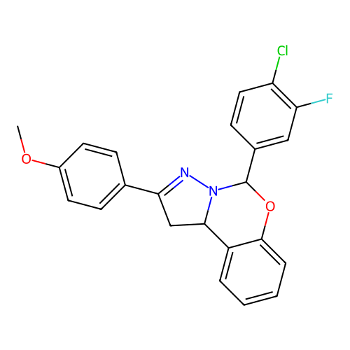 5-(4-chloro-3-fluorophenyl)-2-(4-methoxyphenyl)-1,10b-dihydropyrazolo[1,5-c][1,3]benzoxazine structure