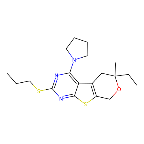 6-ethyl-6-methyl-2-(propylsulfanyl)-4-(pyrrolidin-1-yl)-5,8-dihydro-6H-pyrano[4',3':4,5]thieno[2,3-d]pyrimidine structure
