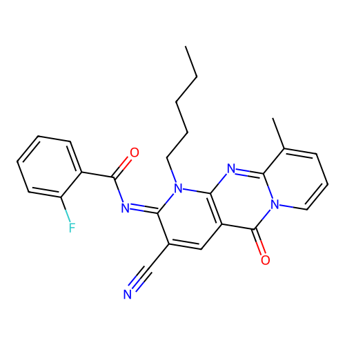 (E)-N-(3-cyano-10-methyl-5-oxo-1-pentyl-1H-dipyrido[1,2-a:2',3'-d]pyrimidin-2(5H)-ylidene)-2-fluorobenzamide structure
