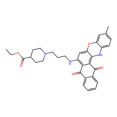 ethyl 1-(3-((3-methyl-8,13-dioxo-13,14-dihydro-8H-naphtho[2,3-a]phenoxazin-7-yl)amino)propyl)piperidine-4-carboxylate structure