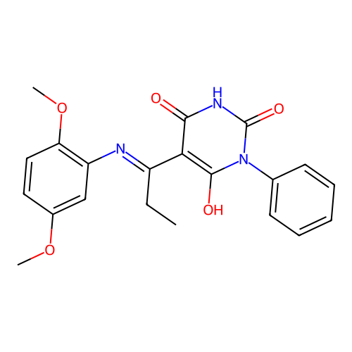 (E)-5-(1-((2,5-dimethoxyphenyl)amino)propylidene)-1-phenylpyrimidine-2,4,6(1H,3H,5H)-trione structure