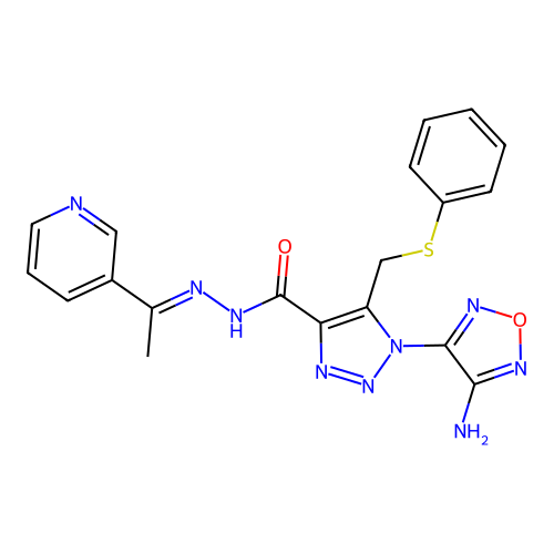 (E)-1-(4-amino-1,2,5-oxadiazol-3-yl)-5-((phenylthio)methyl)-N'-(1-(pyridin-3-yl)ethylidene)-1H-1,2,3-triazole-4-carbohydrazide structure