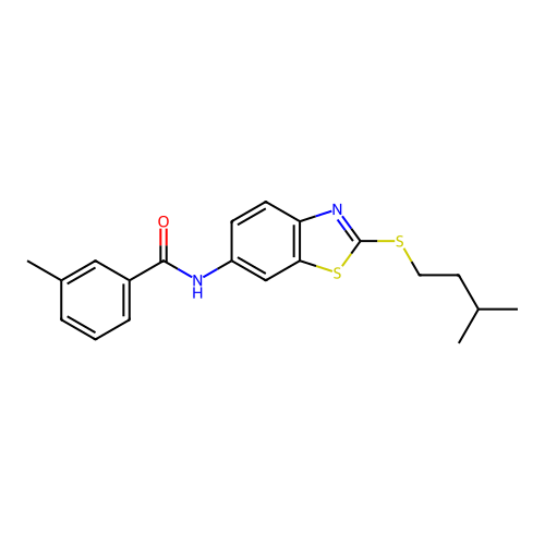 3-methyl-N-{2-[(3-methylbutyl)sulfanyl]-1,3-benzothiazol-6-yl}benzamide structure