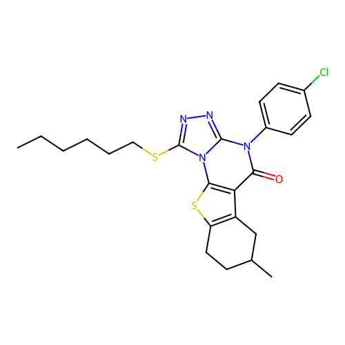 4-(4-chlorophenyl)-1-(hexylsulfanyl)-7-methyl-6,7,8,9-tetrahydro[1]benzothieno[3,2-e][1,2,4]triazolo[4,3-a]pyrimidin-5(4H)-one structure