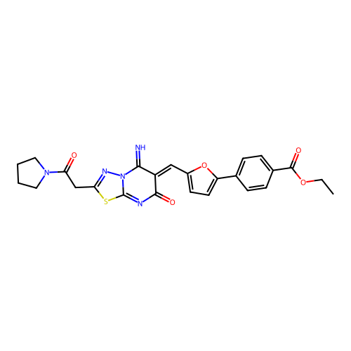 (Z)-ethyl 4-(5-((5-imino-7-oxo-2-(2-oxo-2-(pyrrolidin-1-yl)ethyl)-5H-[1,3,4]thiadiazolo[3,2-a]pyrimidin-6(7H)-ylidene)methyl)furan-2-yl)benzoate structure