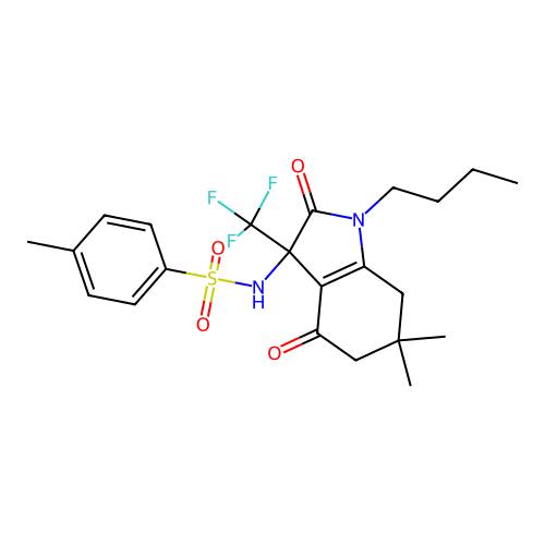 N-[1-butyl-6,6-dimethyl-2,4-dioxo-3-(trifluoromethyl)-2,3,4,5,6,7-hexahydro-1H-indol-3-yl]-4-methylbenzenesulfonamide structure