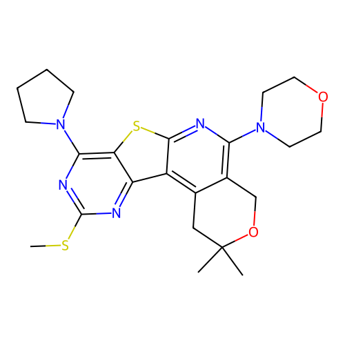 2,2-dimethyl-10-(methylsulfanyl)-5-(morpholin-4-yl)-8-(pyrrolidin-1-yl)-1,4-dihydro-2H-pyrano[4'',3'':4',5']pyrido[3',2':4,5]thieno[3,2-d]pyrimidine structure
