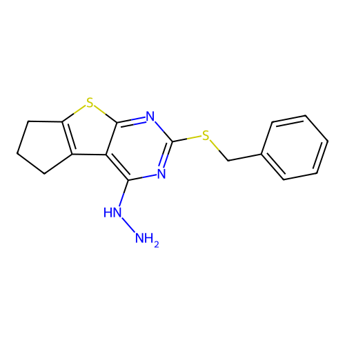 2-(benzylsulfanyl)-4-hydrazinyl-6,7-dihydro-5H-cyclopenta[4,5]thieno[2,3-d]pyrimidine structure