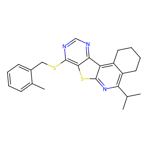 5-isopropyl-8-((2-methylbenzyl)thio)-1,2,3,4-tetrahydropyrimido[4',5':4,5]thieno[2,3-c]isoquinoline structure