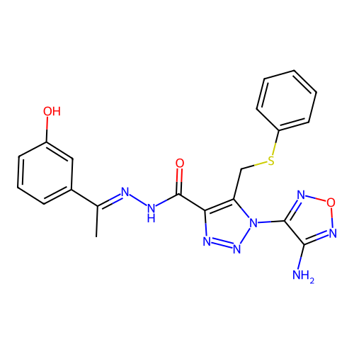 (E)-1-(4-amino-1,2,5-oxadiazol-3-yl)-N'-(1-(3-hydroxyphenyl)ethylidene)-5-((phenylthio)methyl)-1H-1,2,3-triazole-4-carbohydrazide structure