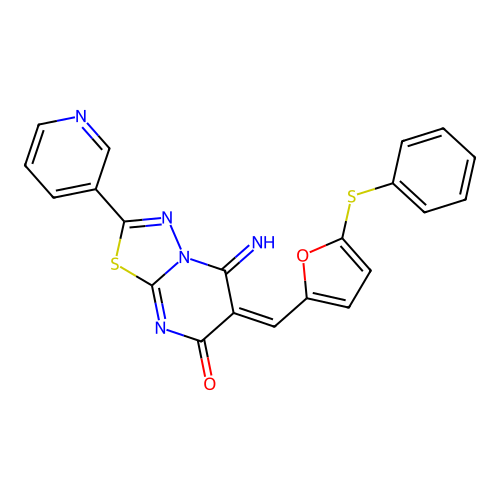 (6E)-5-imino-6-[(5-phenylsulfanylfuran-2-yl)methylidene]-2-pyridin-3-yl-[1,3,4]thiadiazolo[3,2-a]pyrimidin-7-one structure