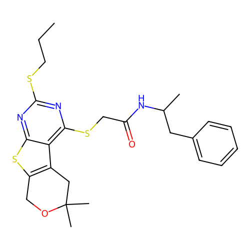 2-((6,6-dimethyl-2-(propylthio)-6,8-dihydro-5H-pyrano[4',3':4,5]thieno[2,3-d]pyrimidin-4-yl)thio)-N-(1-phenylpropan-2-yl)acetamide structure