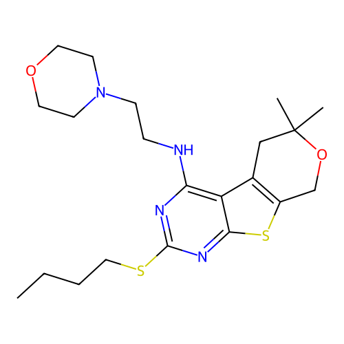 2-(butylsulfanyl)-6,6-dimethyl-N-[2-(morpholin-4-yl)ethyl]-5,8-dihydro-6H-pyrano[4',3':4,5]thieno[2,3-d]pyrimidin-4-amine structure