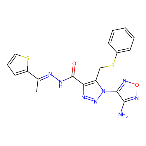 (E)-1-(4-amino-1,2,5-oxadiazol-3-yl)-5-((phenylthio)methyl)-N'-(1-(thiophen-2-yl)ethylidene)-1H-1,2,3-triazole-4-carbohydrazide structure